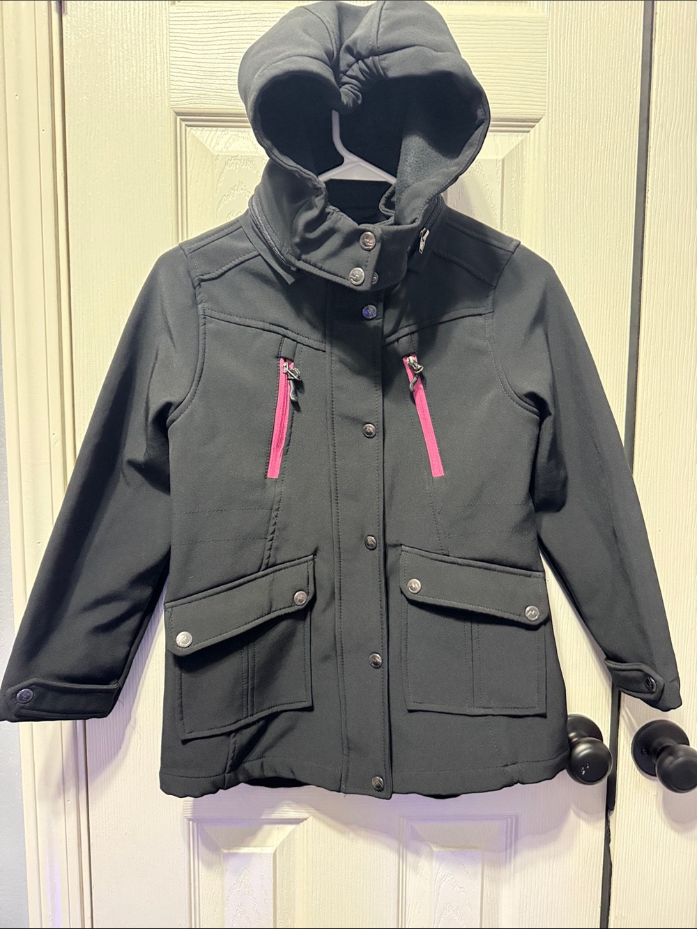 Kids Hooded Black Puffer Jacket with Pink Zip Accents girls 8-10